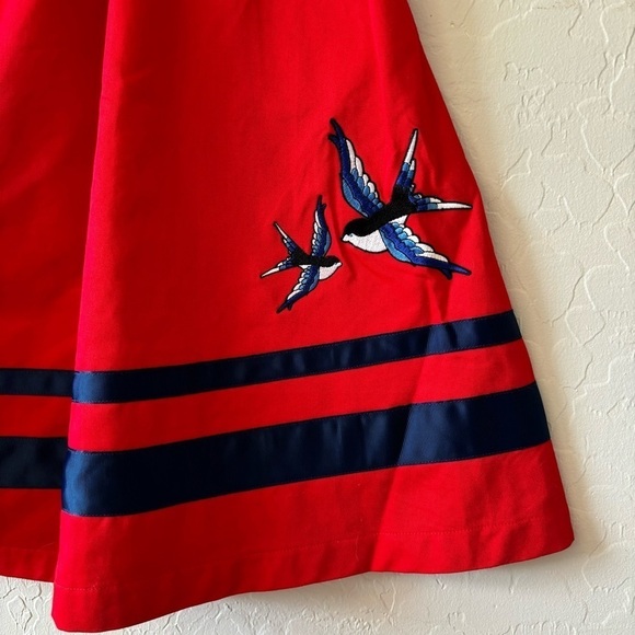 Bea & Dot By ModCloth Red Blue Striped Embroidered Cotton Bird Skirt Size L - Picture 3 of 8
